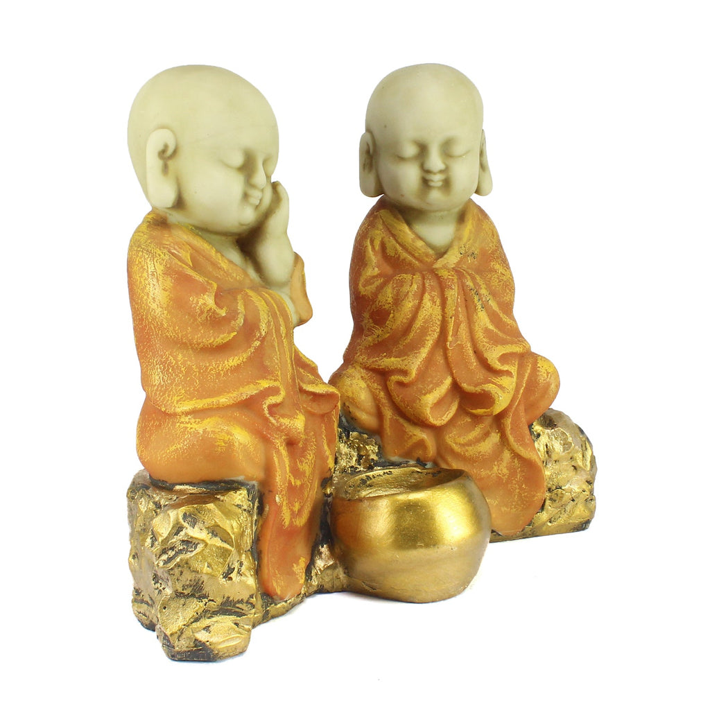 Set of 2 Orange Monks Polyresin Tealight Holder Kafalo