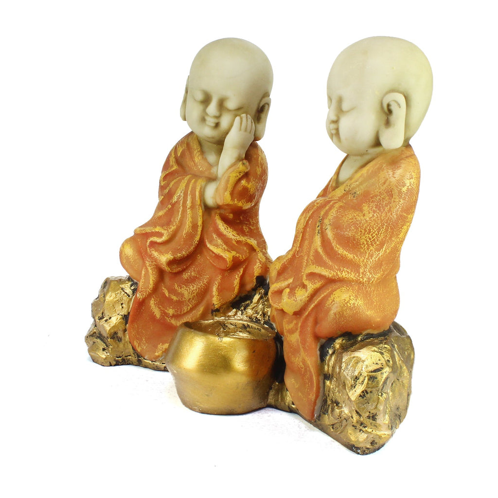 Set of 2 Orange Monks Polyresin Tealight Holder Kafalo