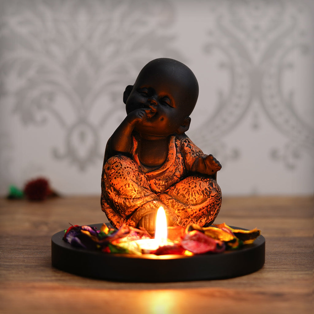 Decorative Smiling Copper Monk Buddha with Wooden Base, Fragranced Petals and Tealight Kafalo