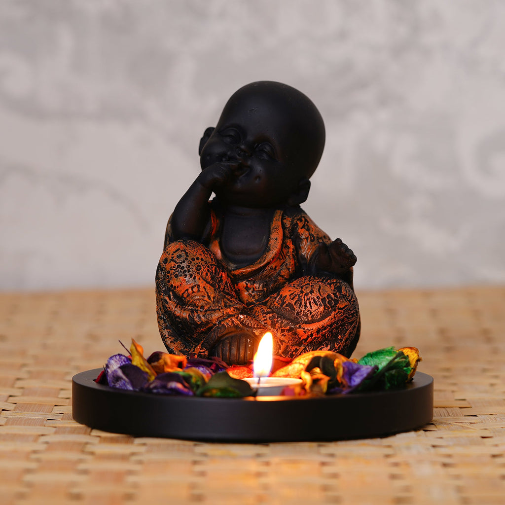 Decorative Smiling Copper Monk Buddha with Wooden Base, Fragranced Petals and Tealight Kafalo