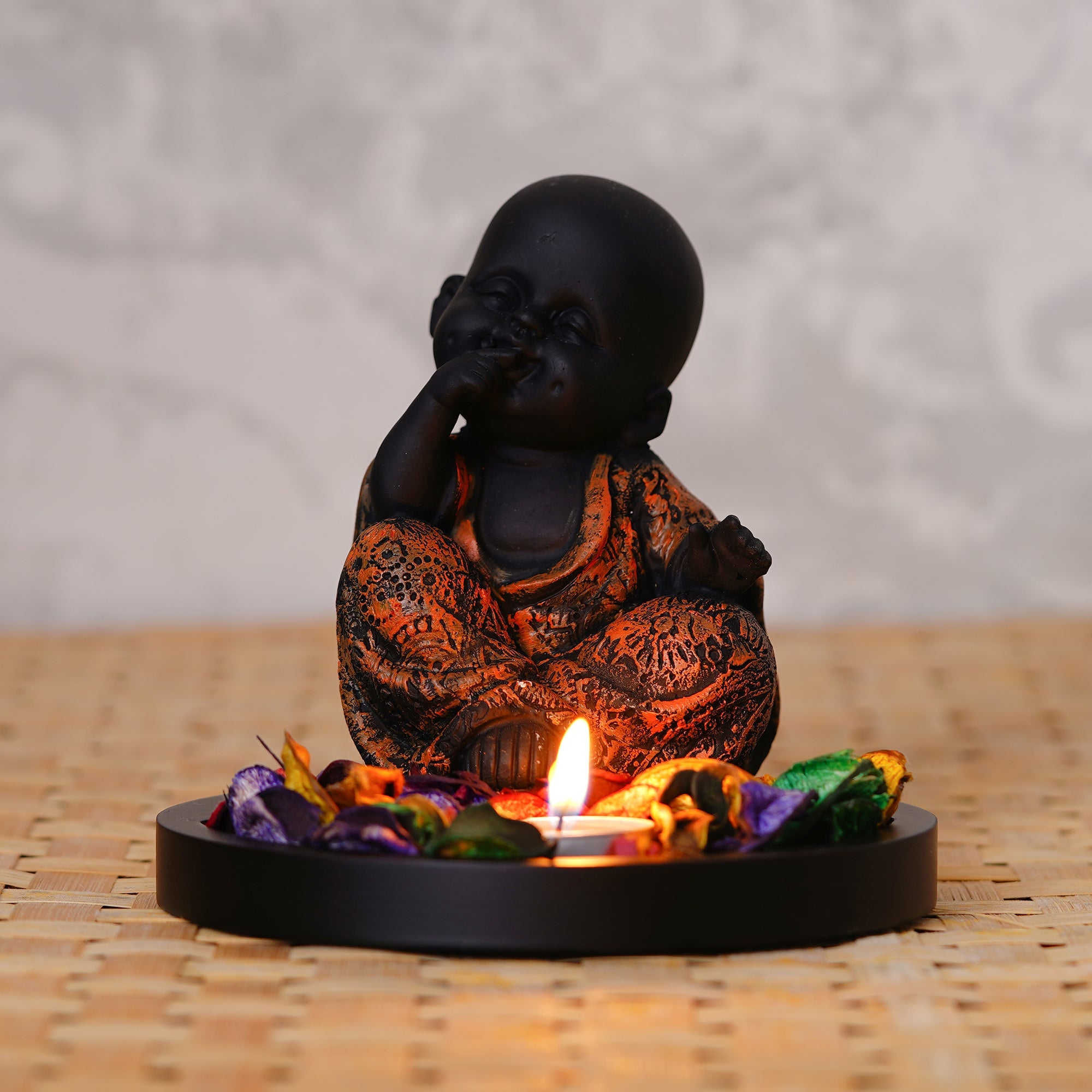 Decorative Smiling Copper Monk Buddha with Wooden Base, Fragranced Petals and Tealight Kafalo