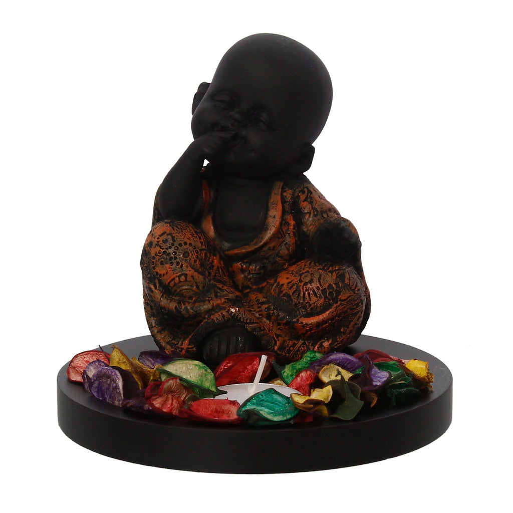 Decorative Smiling Copper Monk Buddha with Wooden Base, Fragranced Petals and Tealight Kafalo