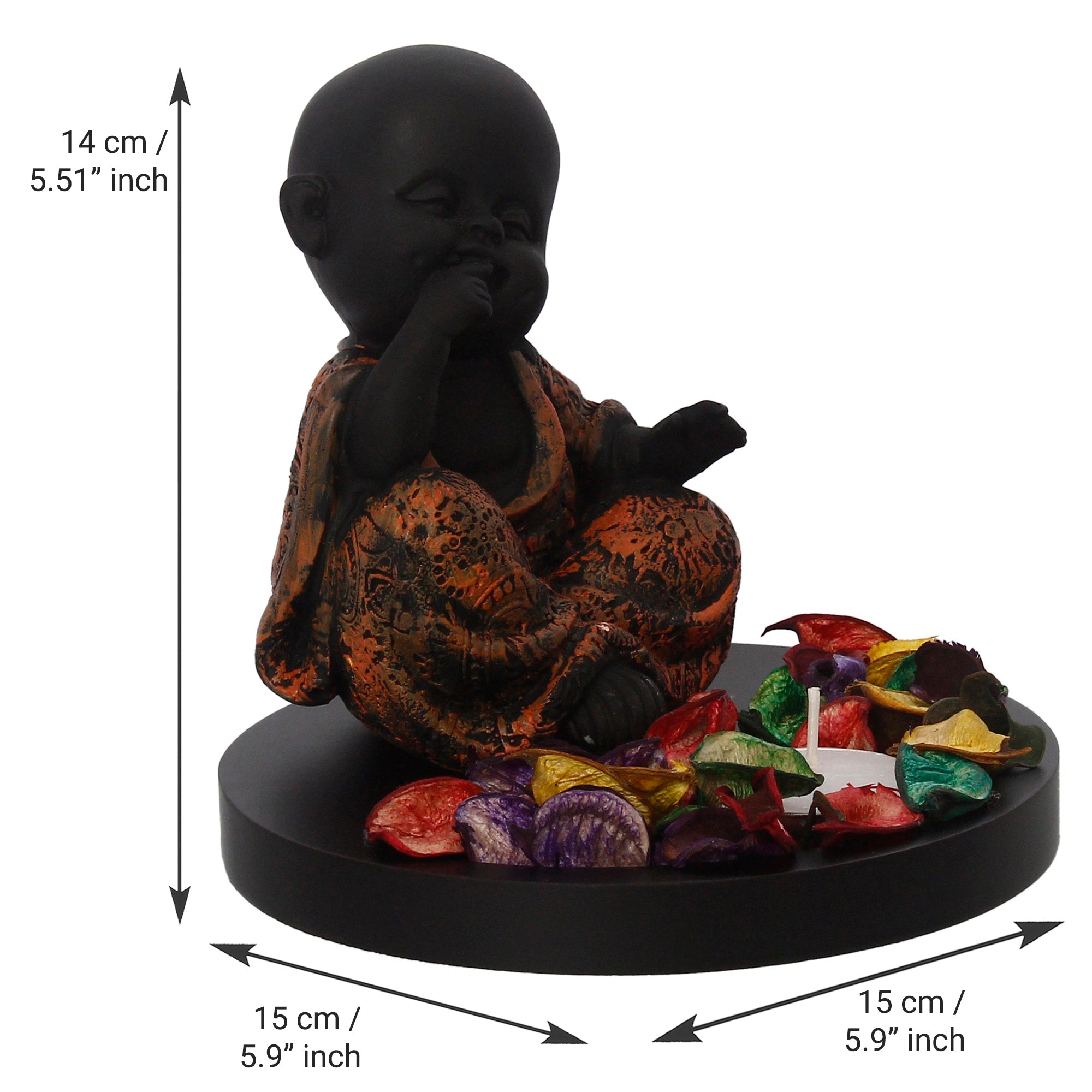 Decorative Smiling Copper Monk Buddha with Wooden Base, Fragranced Petals and Tealight Kafalo