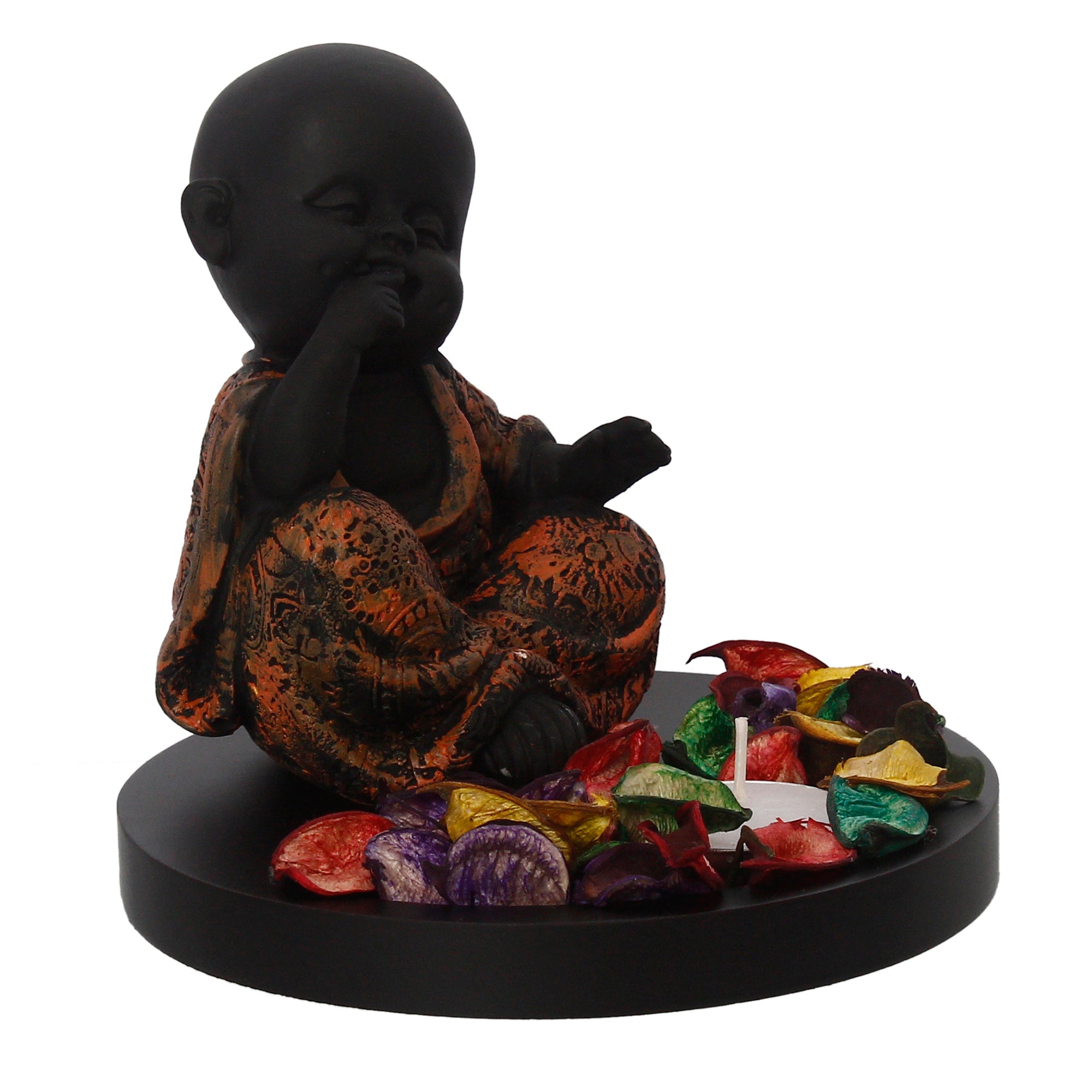 Decorative Smiling Copper Monk Buddha with Wooden Base, Fragranced Petals and Tealight Kafalo