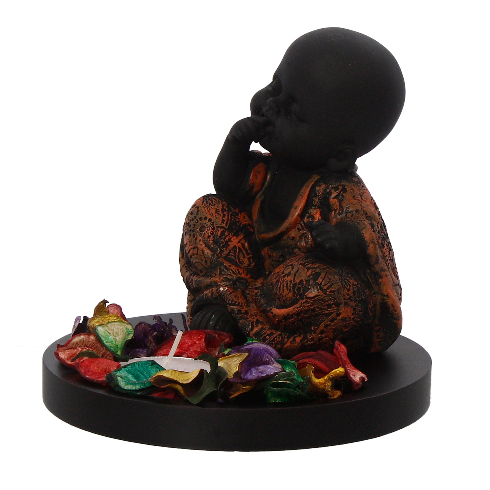Decorative Smiling Copper Monk Buddha with Wooden Base, Fragranced Petals and Tealight Kafalo