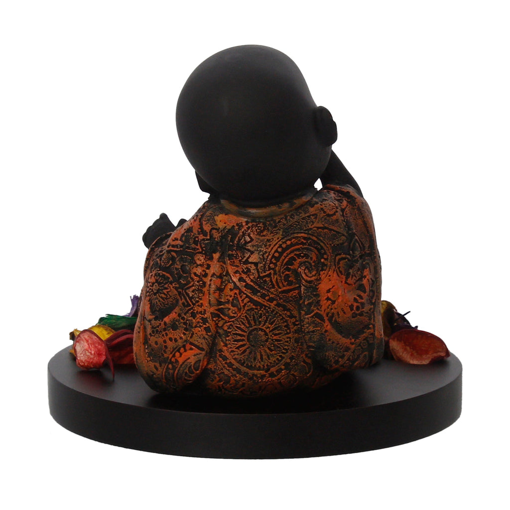 Decorative Smiling Copper Monk Buddha with Wooden Base, Fragranced Petals and Tealight Kafalo