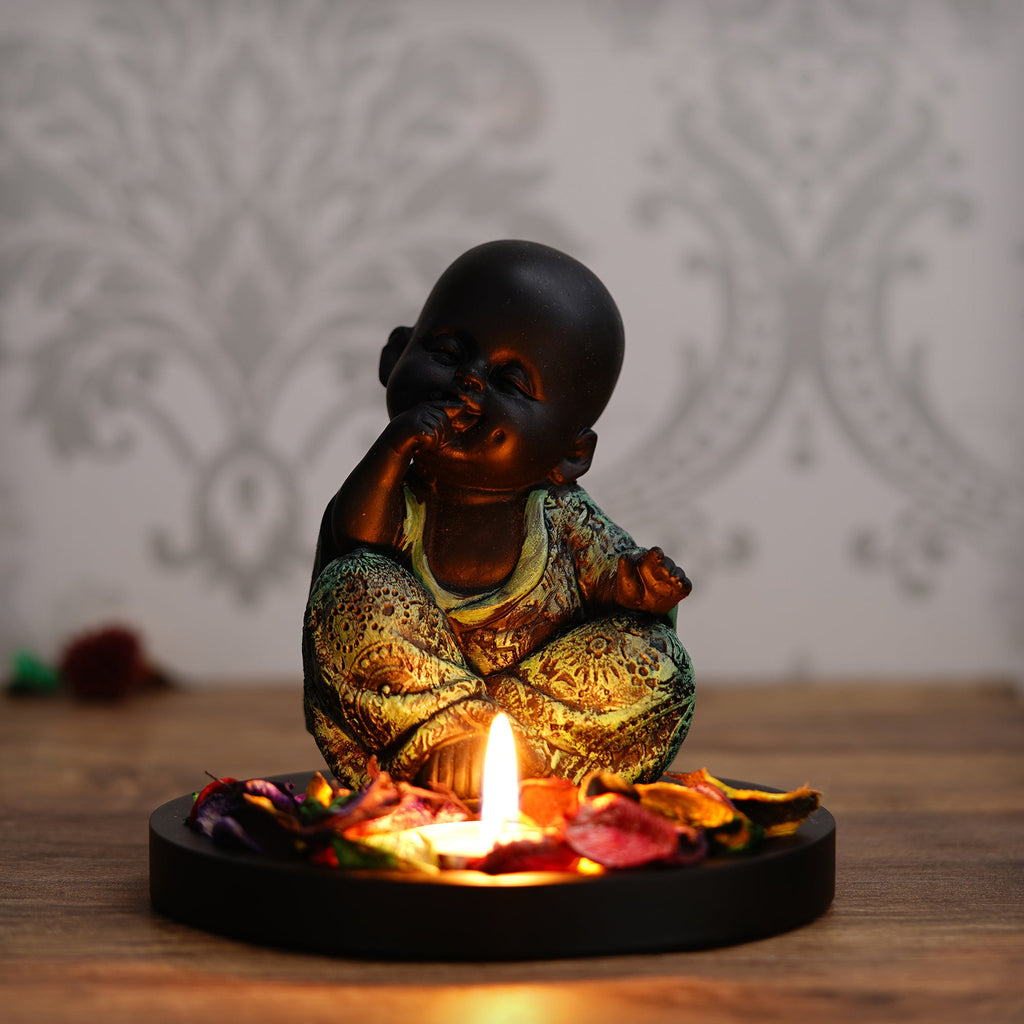 Decorative Smiling Green Monk Buddha with Wooden Base, Fragranced Petals and Tealight Kafalo