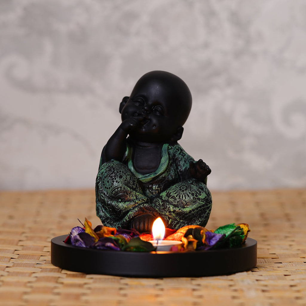 Decorative Smiling Green Monk Buddha with Wooden Base, Fragranced Petals and Tealight Kafalo