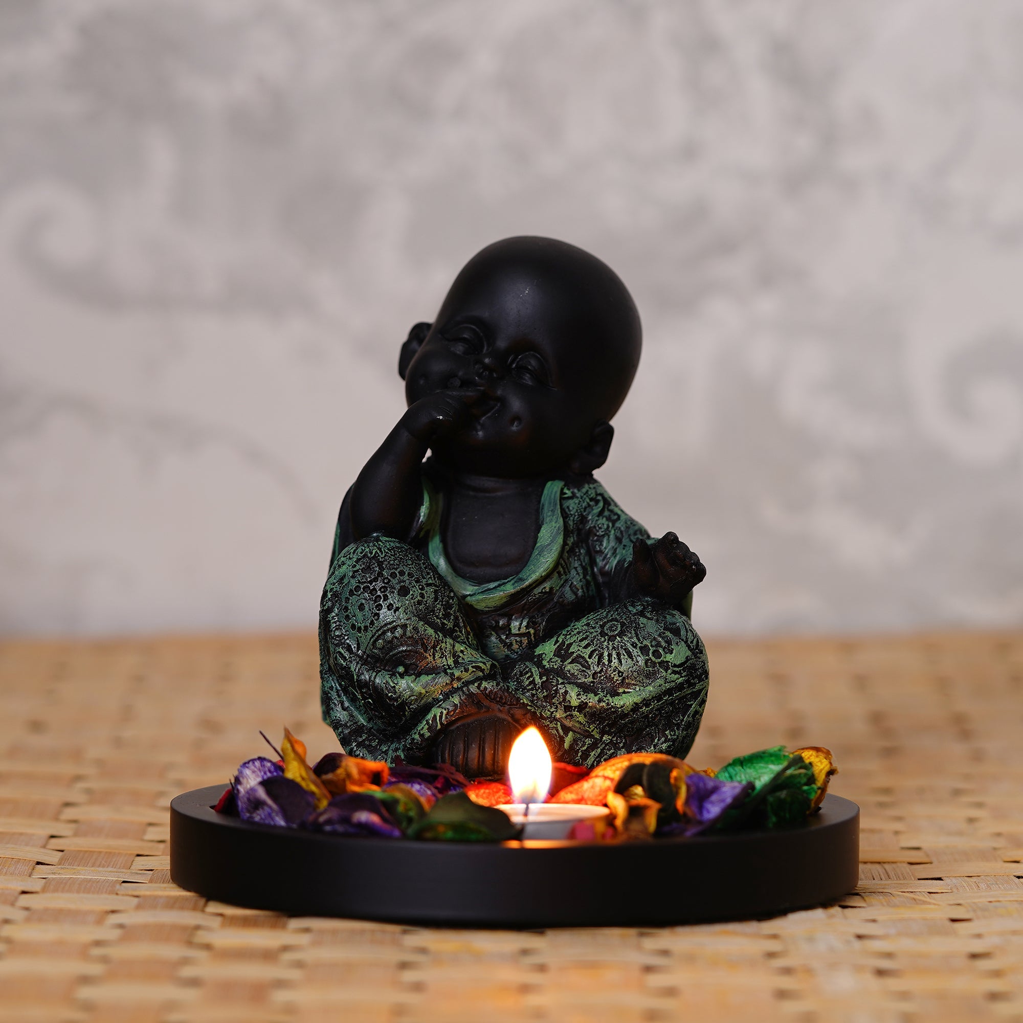 Decorative Smiling Green Monk Buddha with Wooden Base, Fragranced Petals and Tealight Kafalo