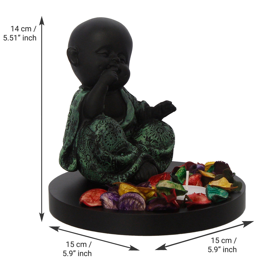Decorative Smiling Green Monk Buddha with Wooden Base, Fragranced Petals and Tealight Kafalo