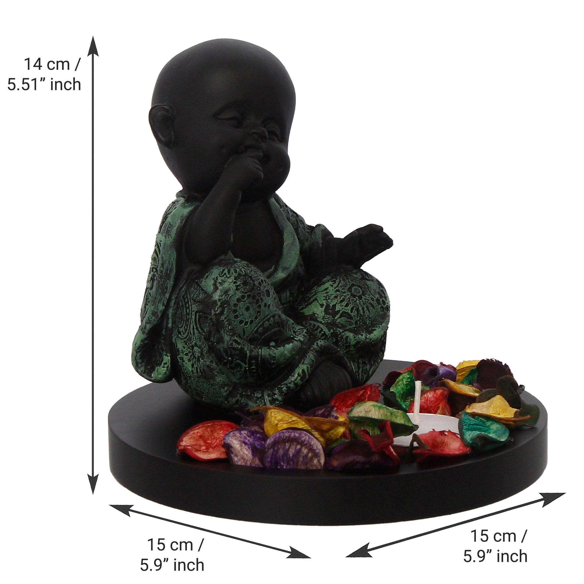 Decorative Smiling Green Monk Buddha with Wooden Base, Fragranced Petals and Tealight Kafalo