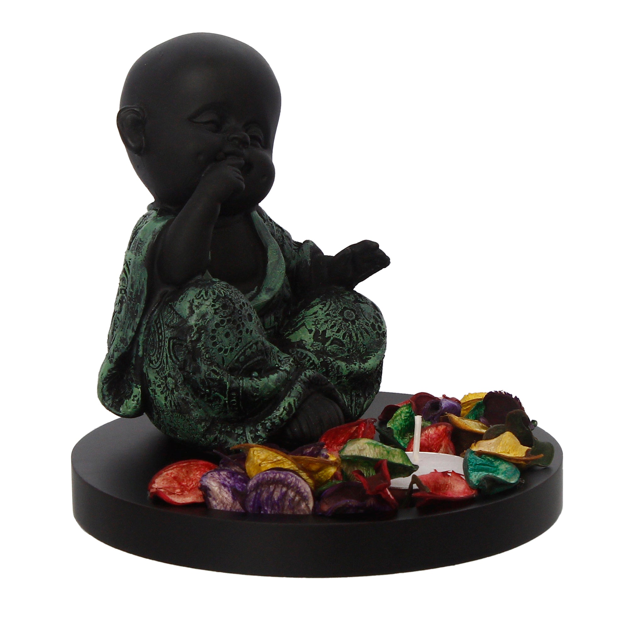 Decorative Smiling Green Monk Buddha with Wooden Base, Fragranced Petals and Tealight Kafalo