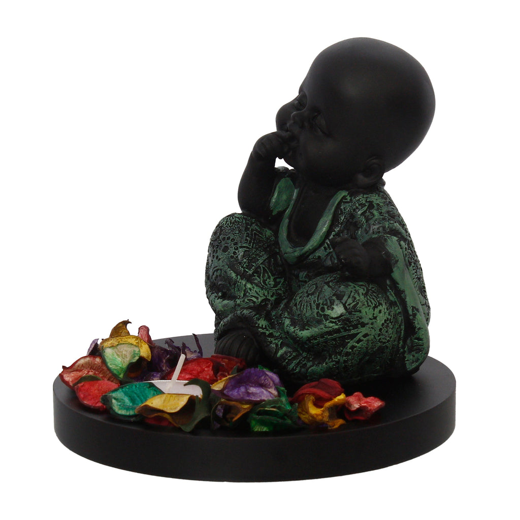 Decorative Smiling Green Monk Buddha with Wooden Base, Fragranced Petals and Tealight Kafalo