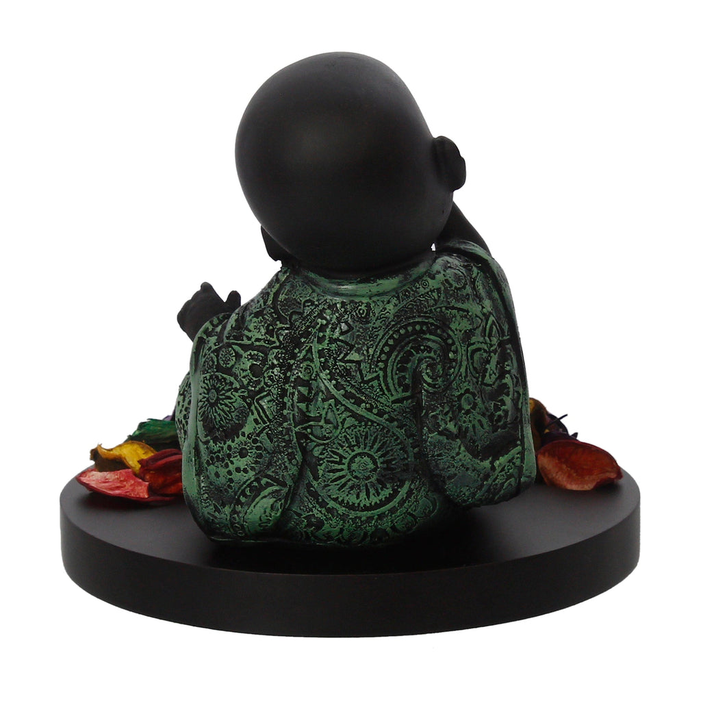 Decorative Smiling Green Monk Buddha with Wooden Base, Fragranced Petals and Tealight Kafalo