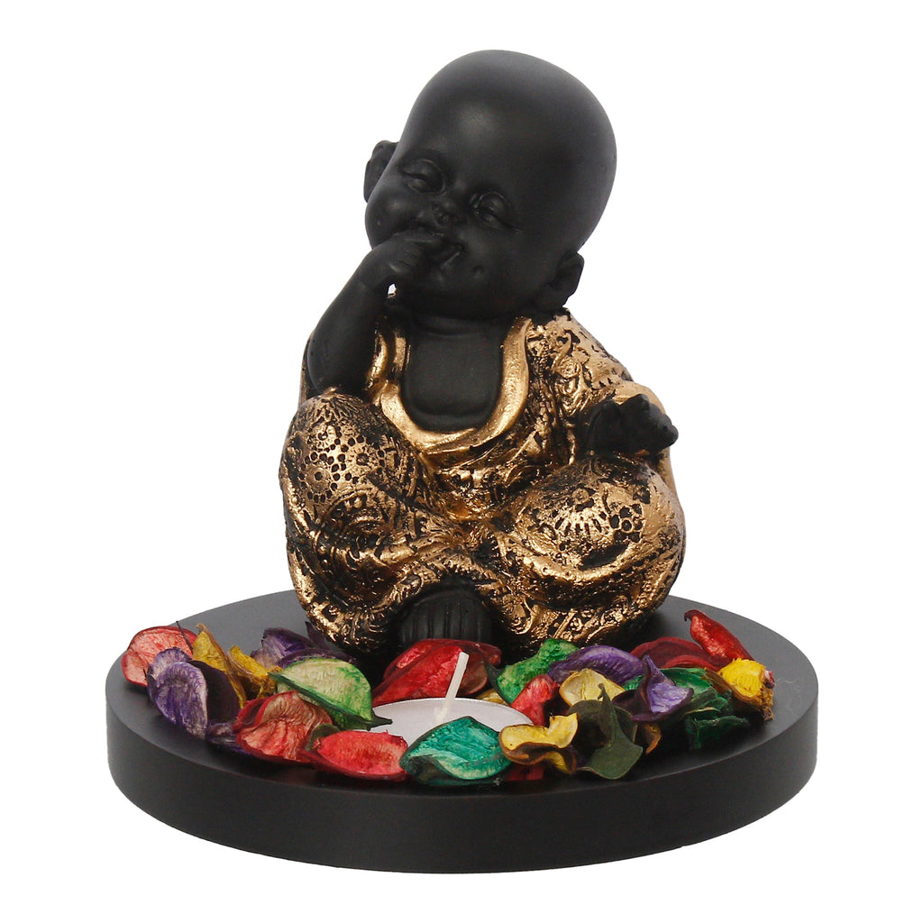 Decorative Smiling Golden Monk Buddha with Wooden Base, Fragranced Petals and Tealight Kafalo