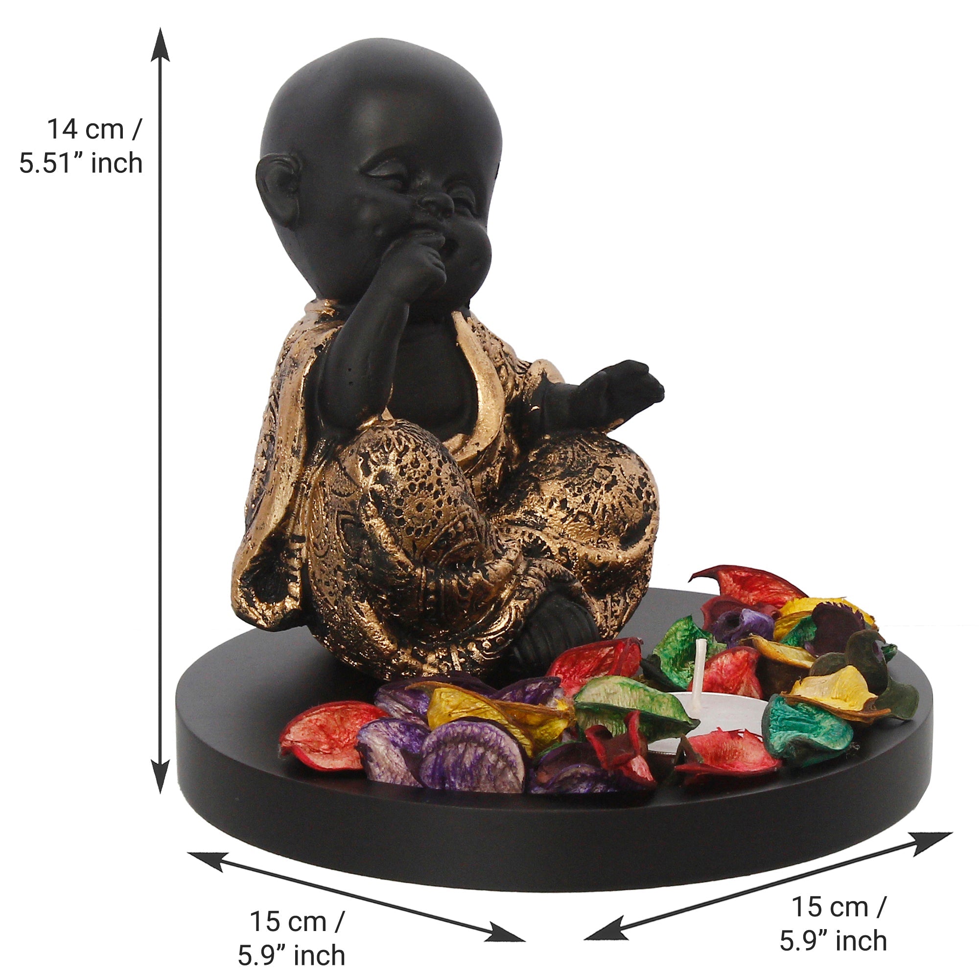 Decorative Smiling Golden Monk Buddha with Wooden Base, Fragranced Petals and Tealight Kafalo