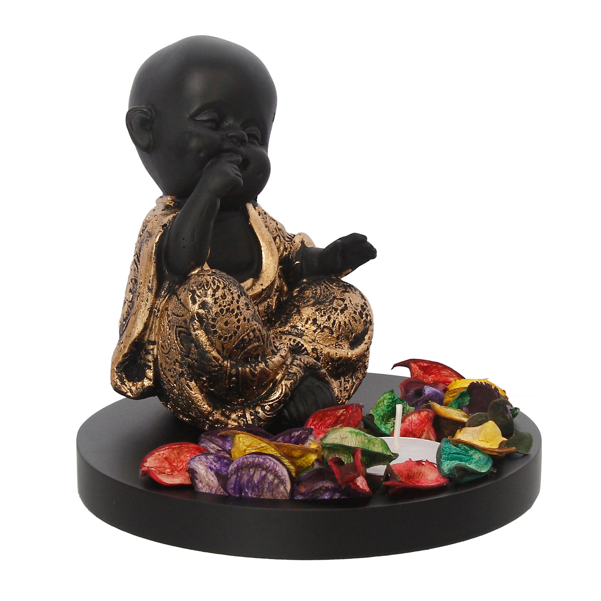 Decorative Smiling Golden Monk Buddha with Wooden Base, Fragranced Petals and Tealight Kafalo