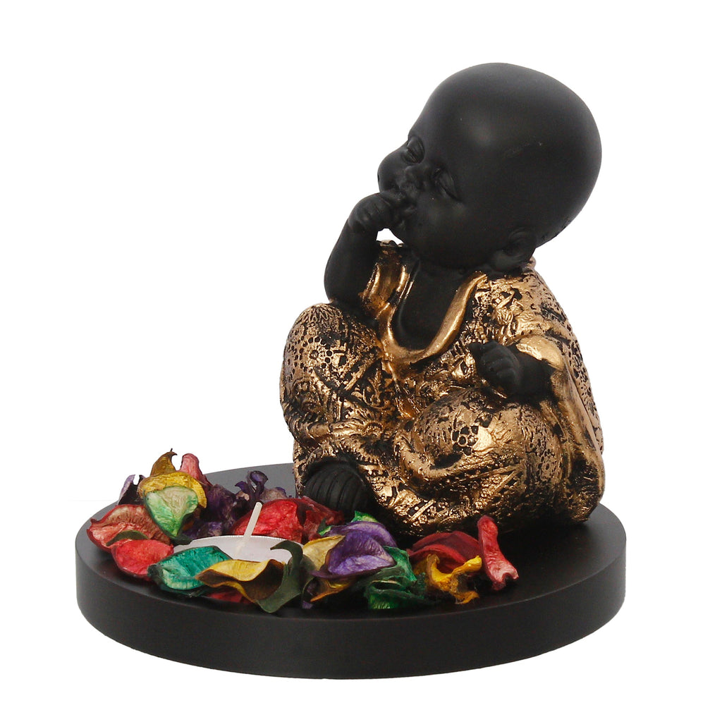 Decorative Smiling Golden Monk Buddha with Wooden Base, Fragranced Petals and Tealight Kafalo