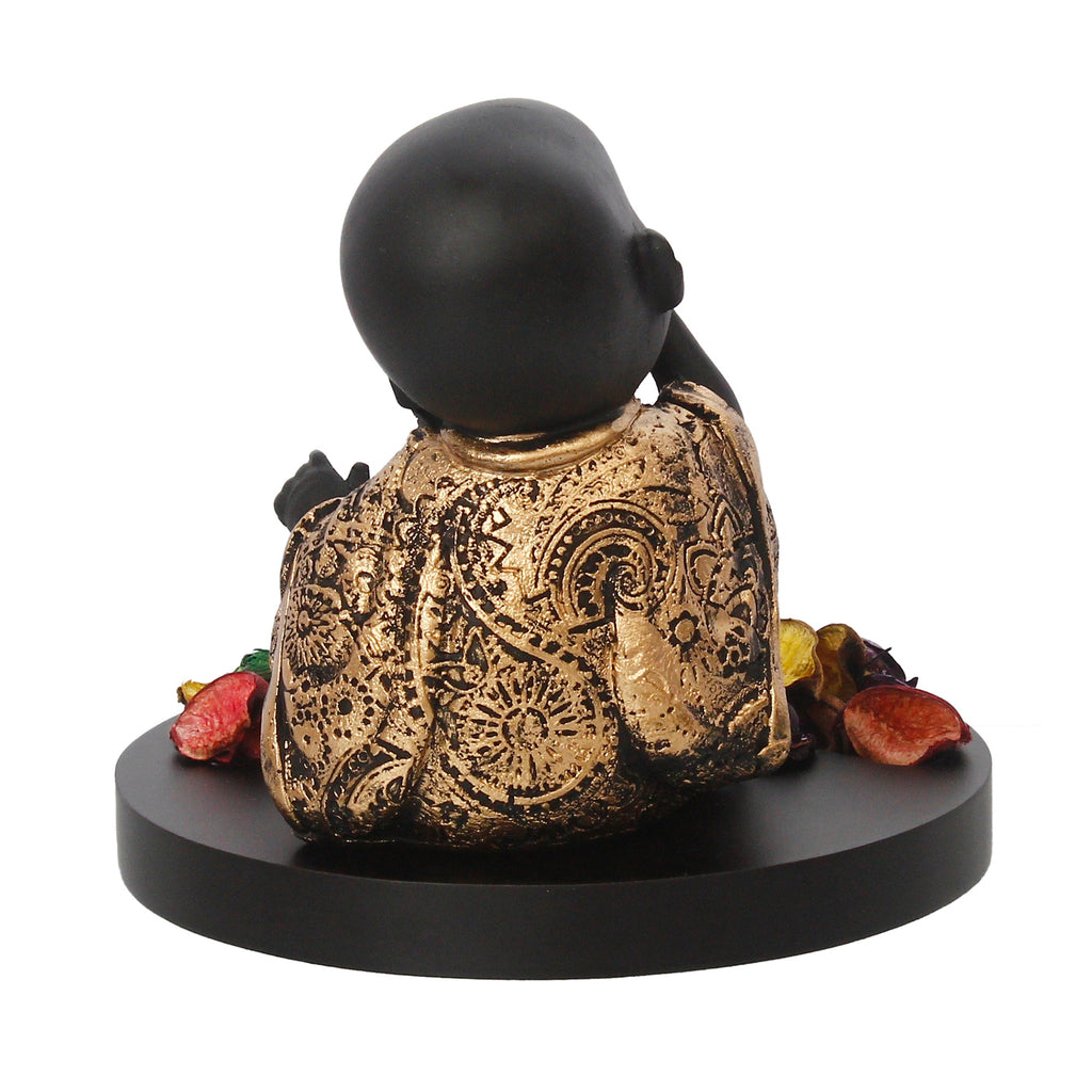 Decorative Smiling Golden Monk Buddha with Wooden Base, Fragranced Petals and Tealight Kafalo