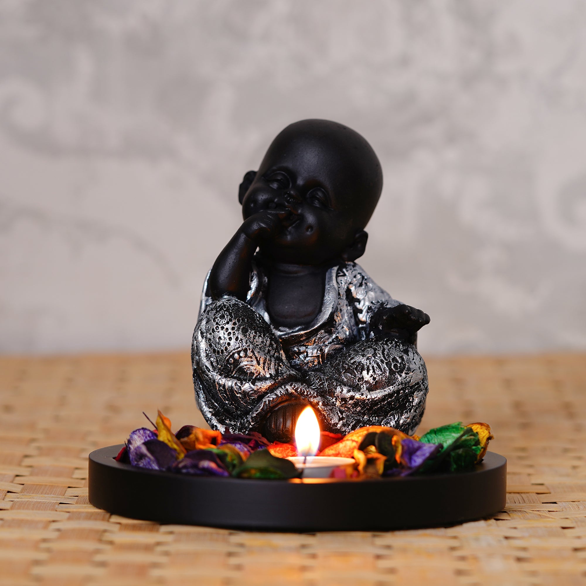 Decorative Smiling Monk Buddha Idol With Wooden Base, Fragranced Petals, And Tealight Kafalo