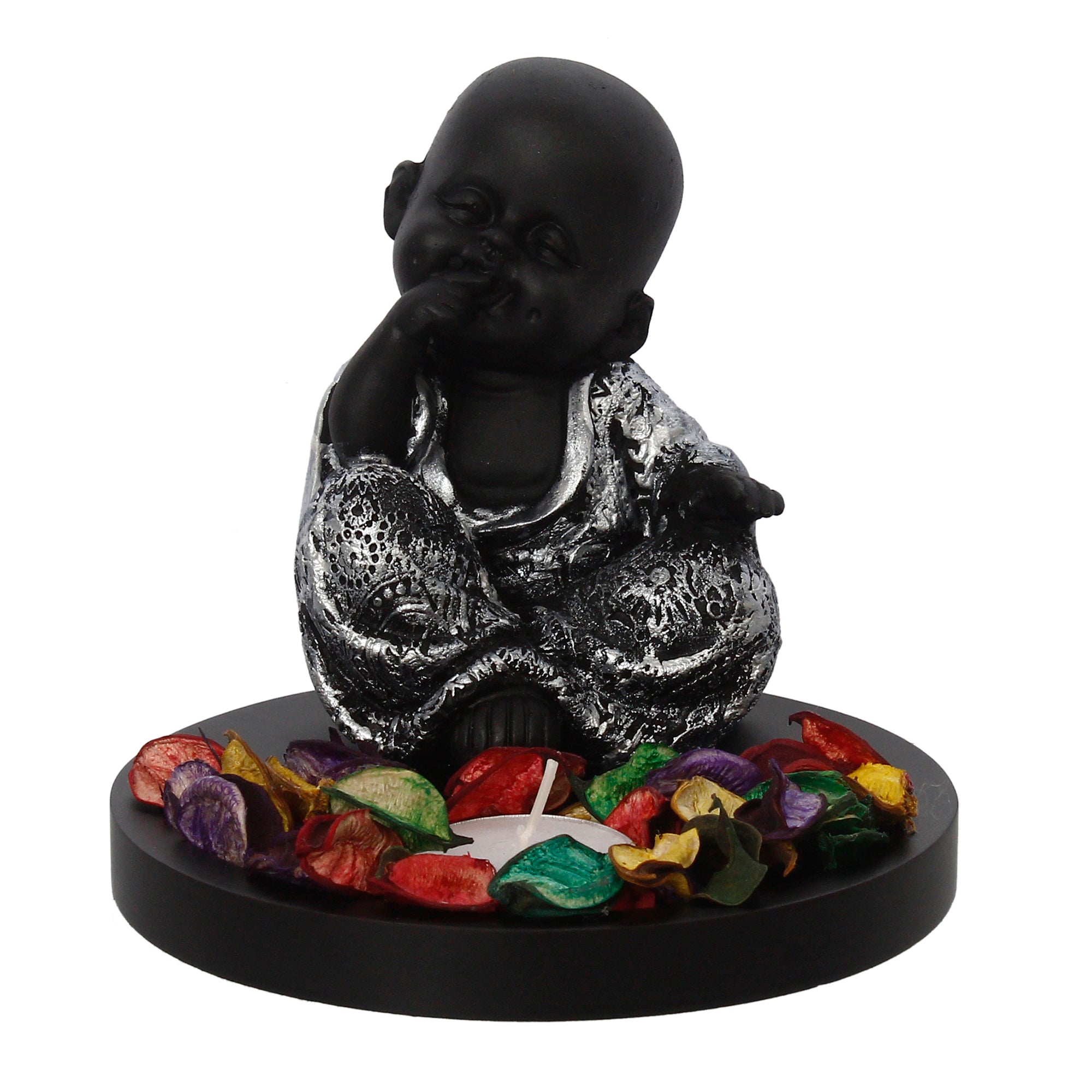Decorative Smiling Monk Buddha Idol With Wooden Base, Fragranced Petals, And Tealight Kafalo