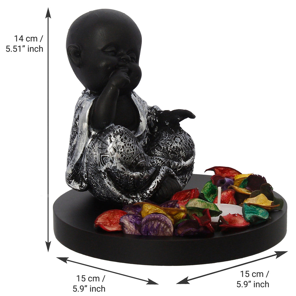 Decorative Smiling Monk Buddha Idol With Wooden Base, Fragranced Petals, And Tealight Kafalo