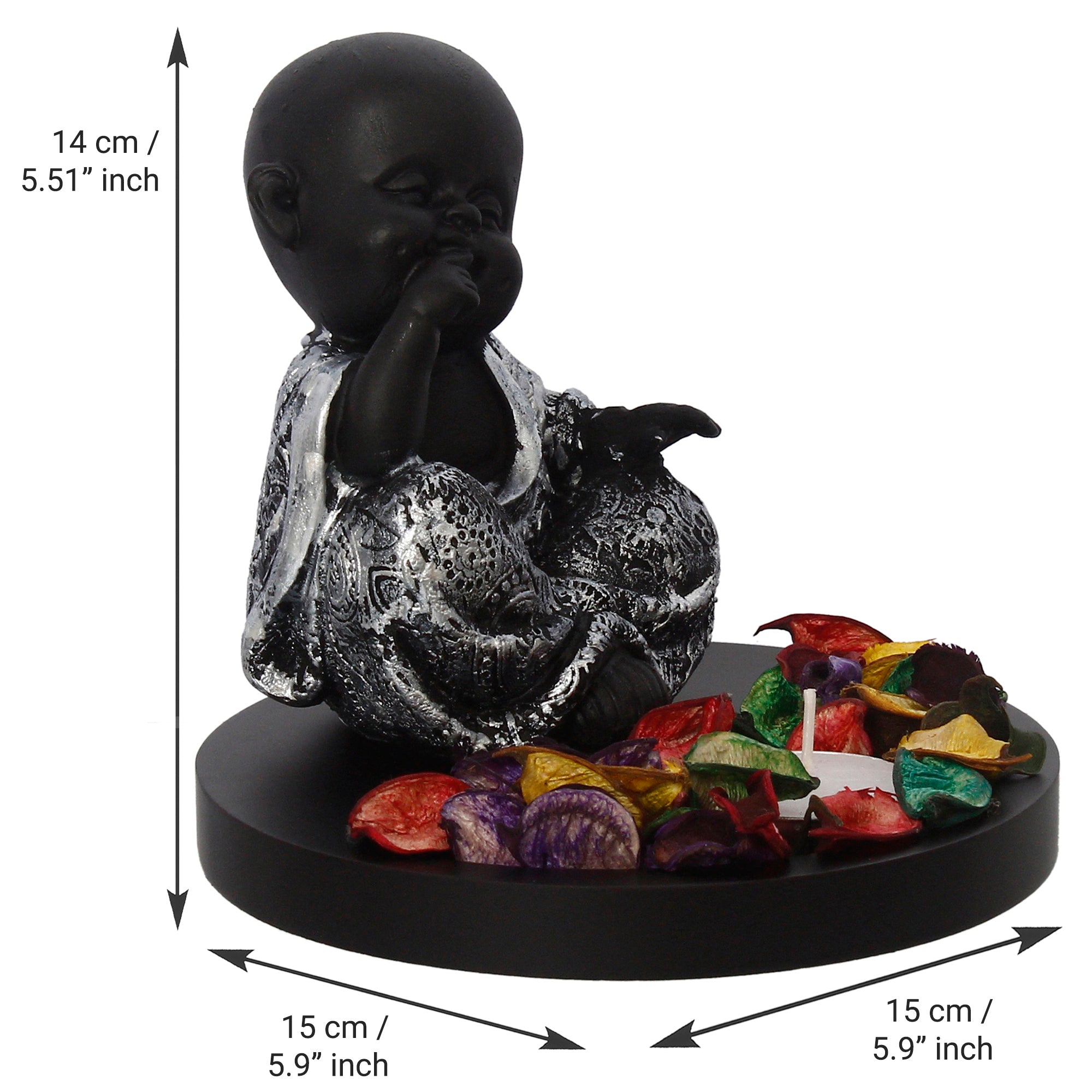 Decorative Smiling Monk Buddha Idol With Wooden Base, Fragranced Petals, And Tealight Kafalo