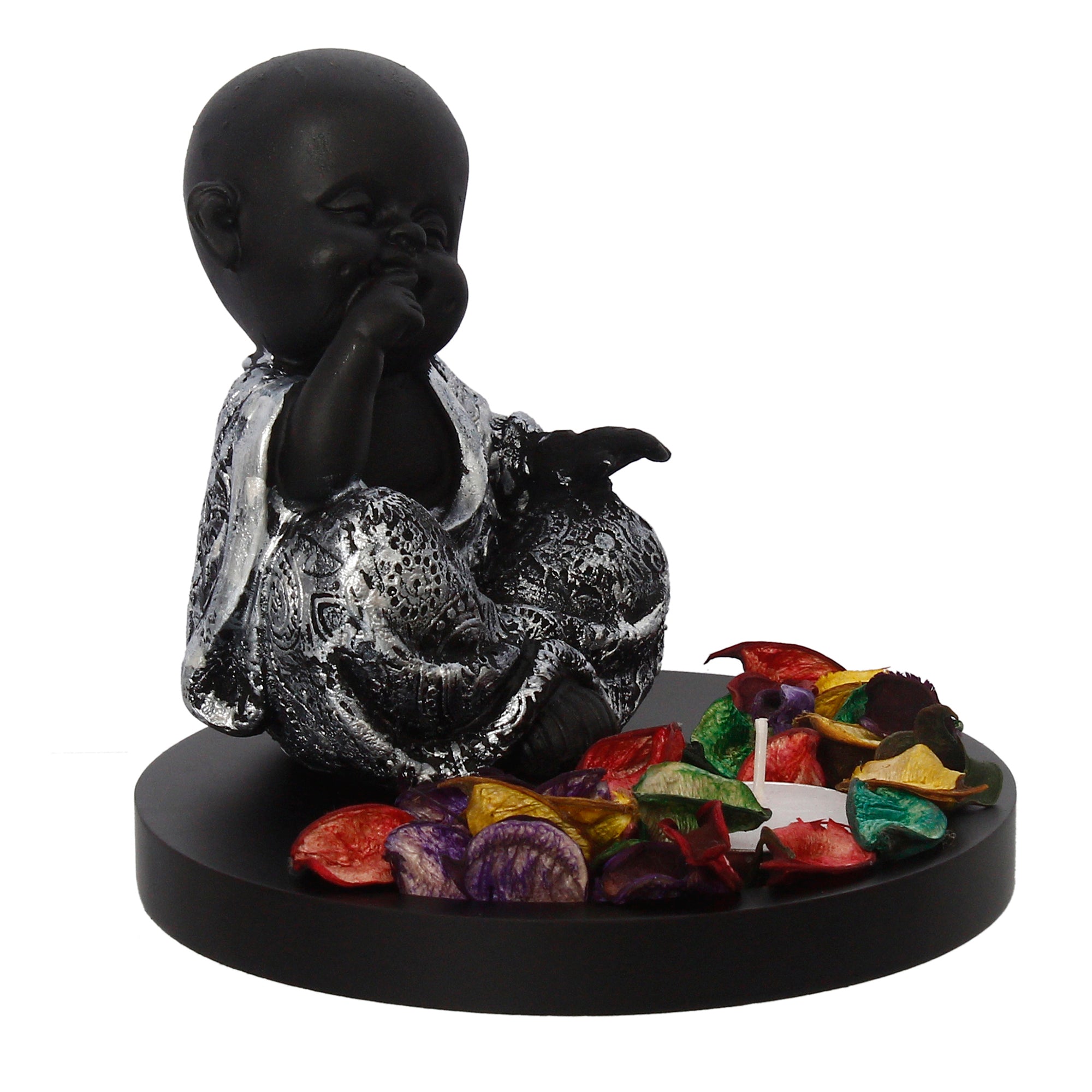 Decorative Smiling Monk Buddha Idol With Wooden Base, Fragranced Petals, And Tealight Kafalo