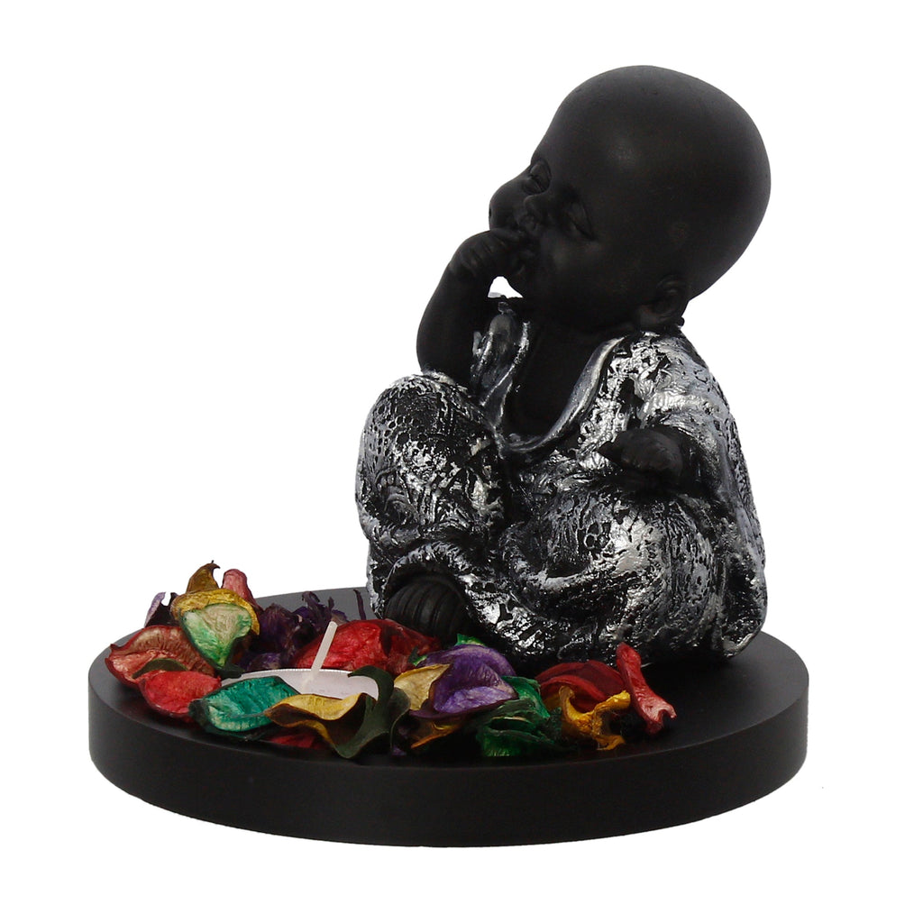 Decorative Smiling Monk Buddha Idol With Wooden Base, Fragranced Petals, And Tealight Kafalo
