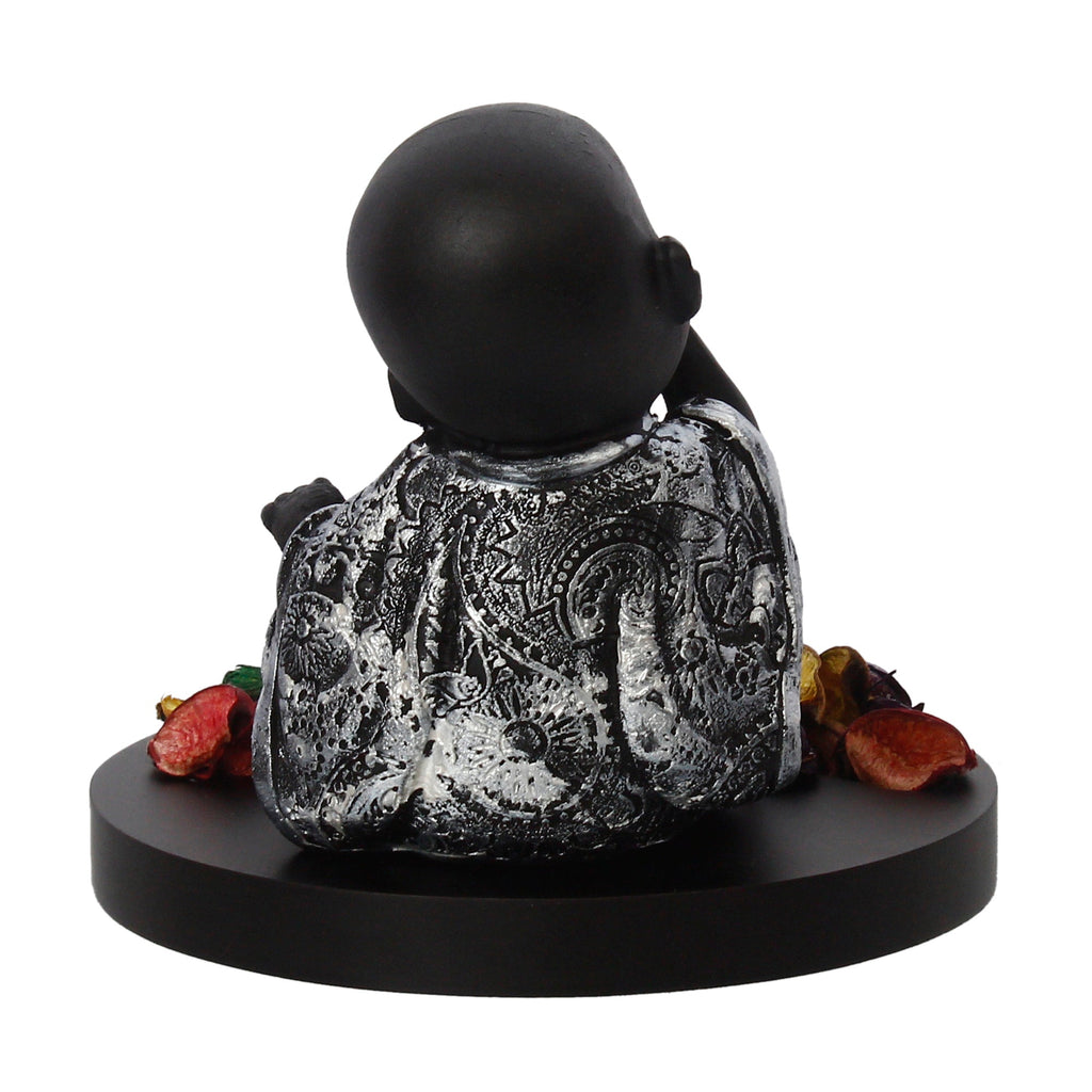 Decorative Smiling Monk Buddha Idol With Wooden Base, Fragranced Petals, And Tealight Kafalo