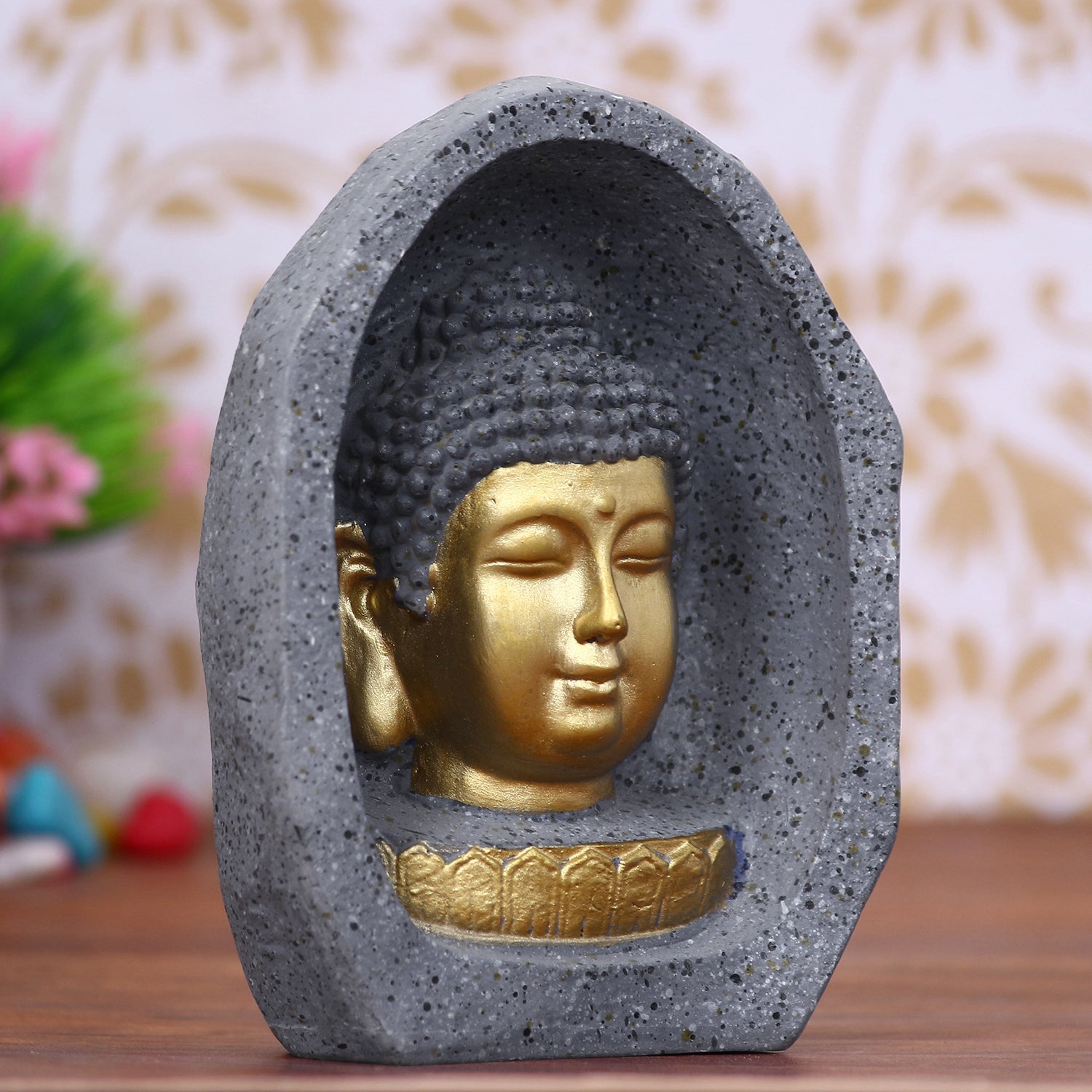 Grey & Golden Peaceful Lord Buddha Face Statue Kafalo