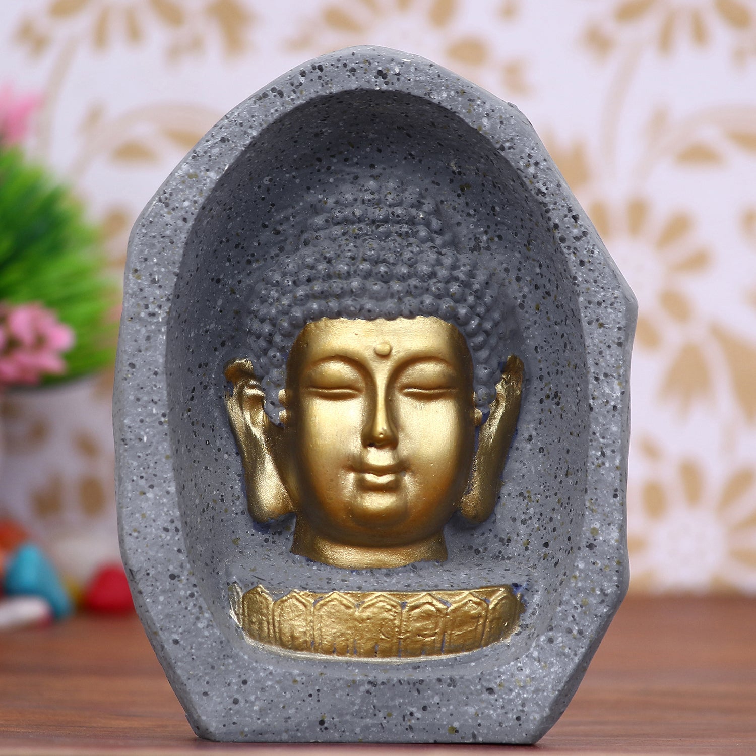 Grey & Golden Peaceful Lord Buddha Face Statue Kafalo