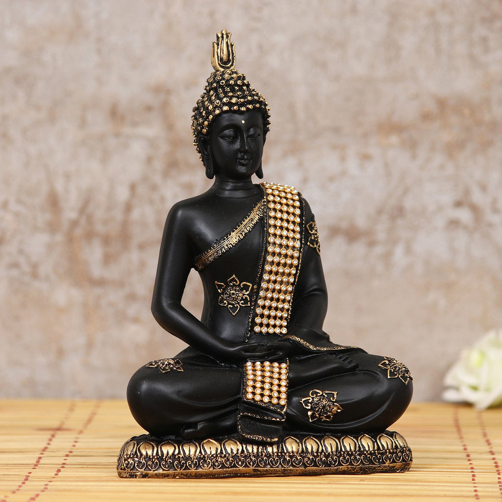 Polyresin Black and Golden Handcrafted Meditating Buddha Statue Kafalo