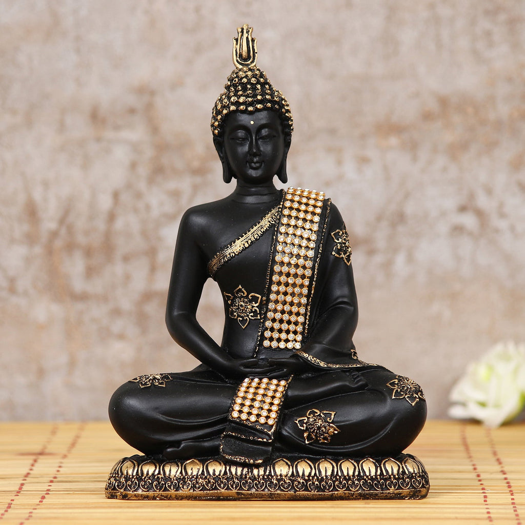 Polyresin Black and Golden Handcrafted Meditating Buddha Statue Kafalo