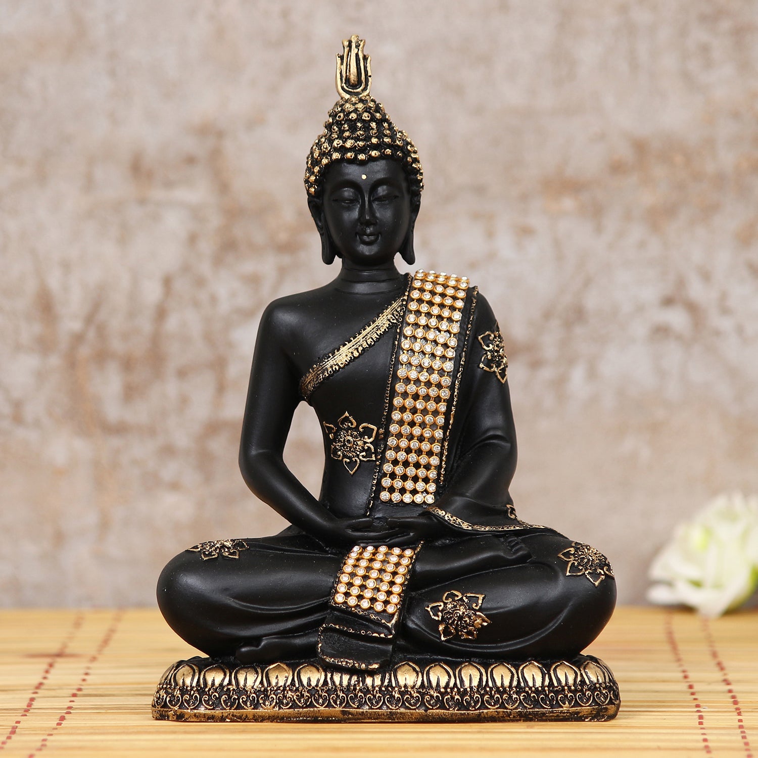 Polyresin Black and Golden Handcrafted Meditating Buddha Statue Kafalo