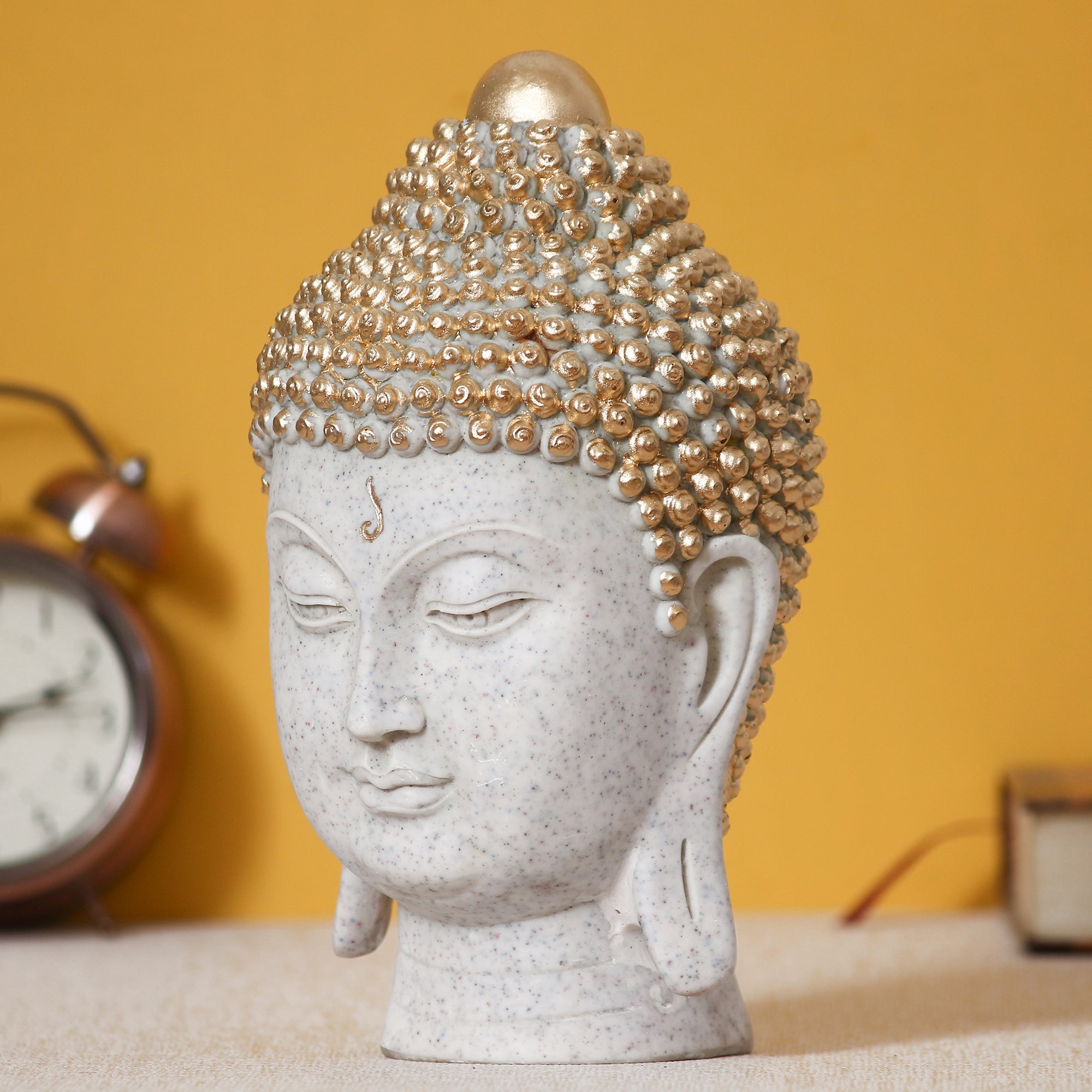 Polyresin Golden and White Meditating Buddha Head Statue Kafalo