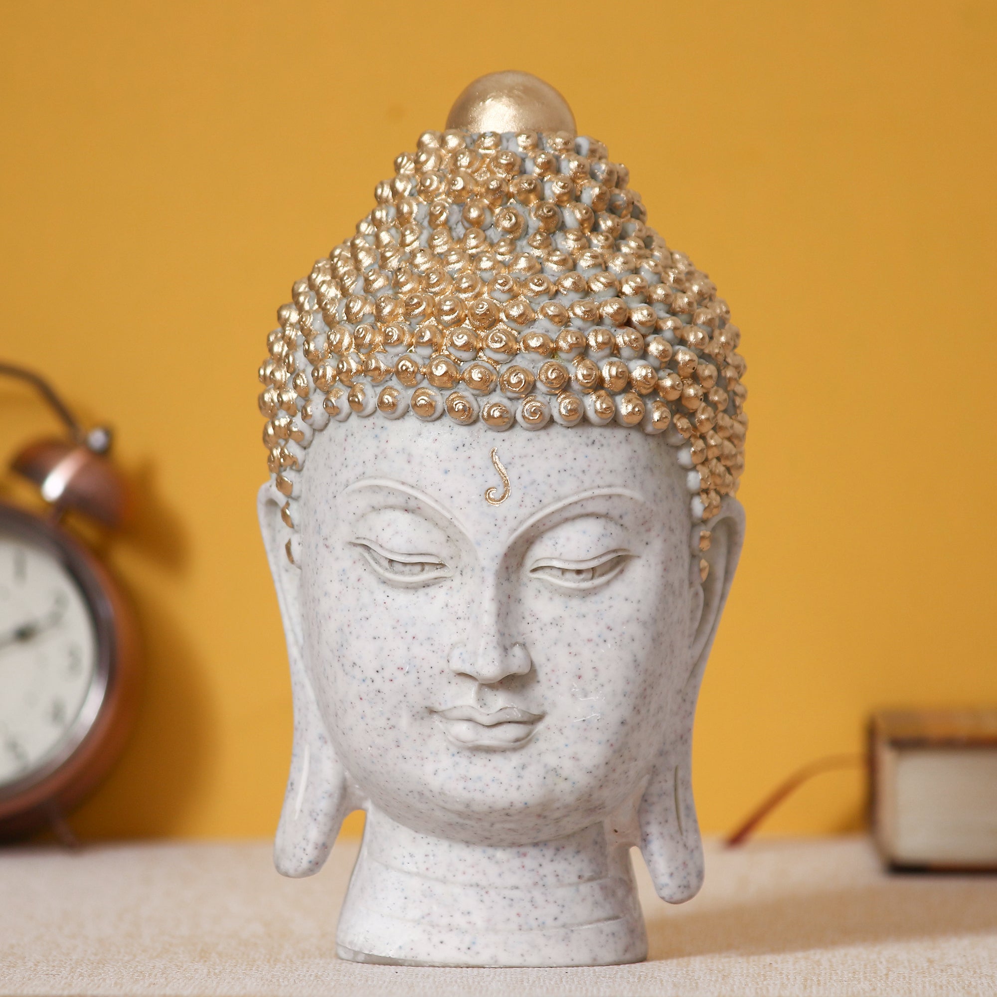 Polyresin Golden and White Meditating Buddha Head Statue Kafalo