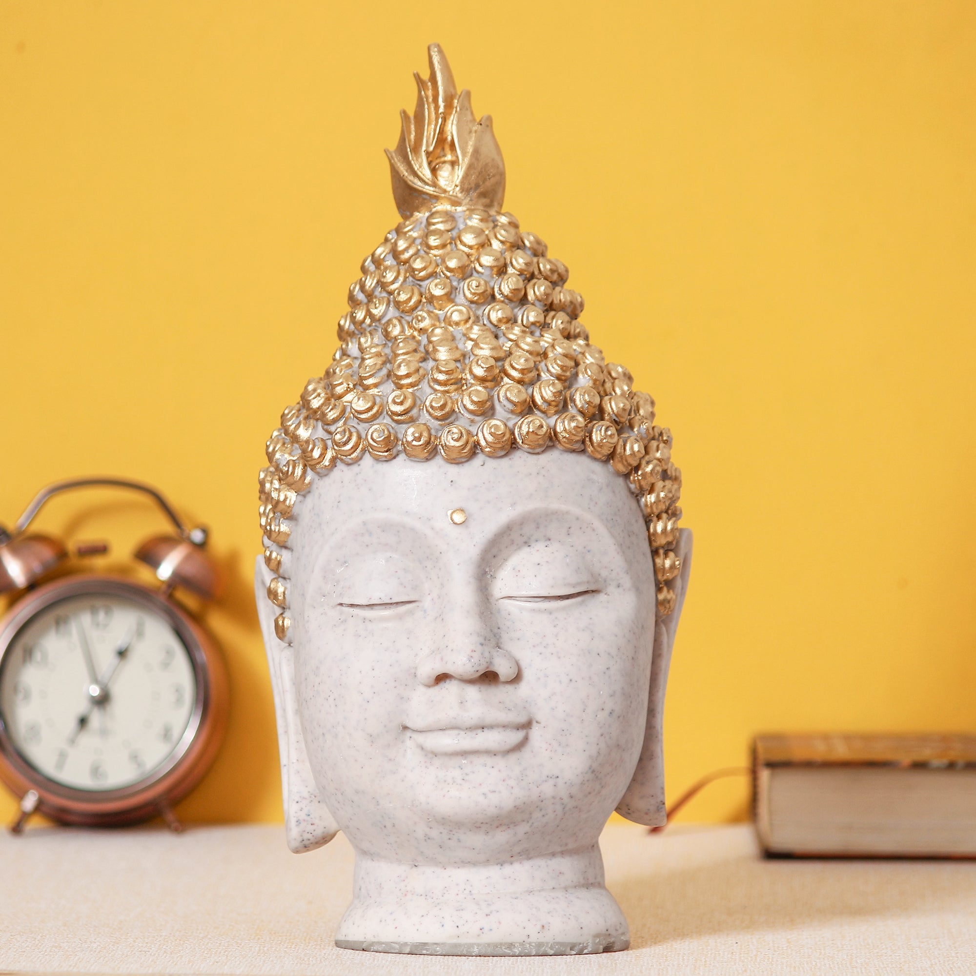 Polyresin Gold and White Meditating Buddha Head Statue Kafalo