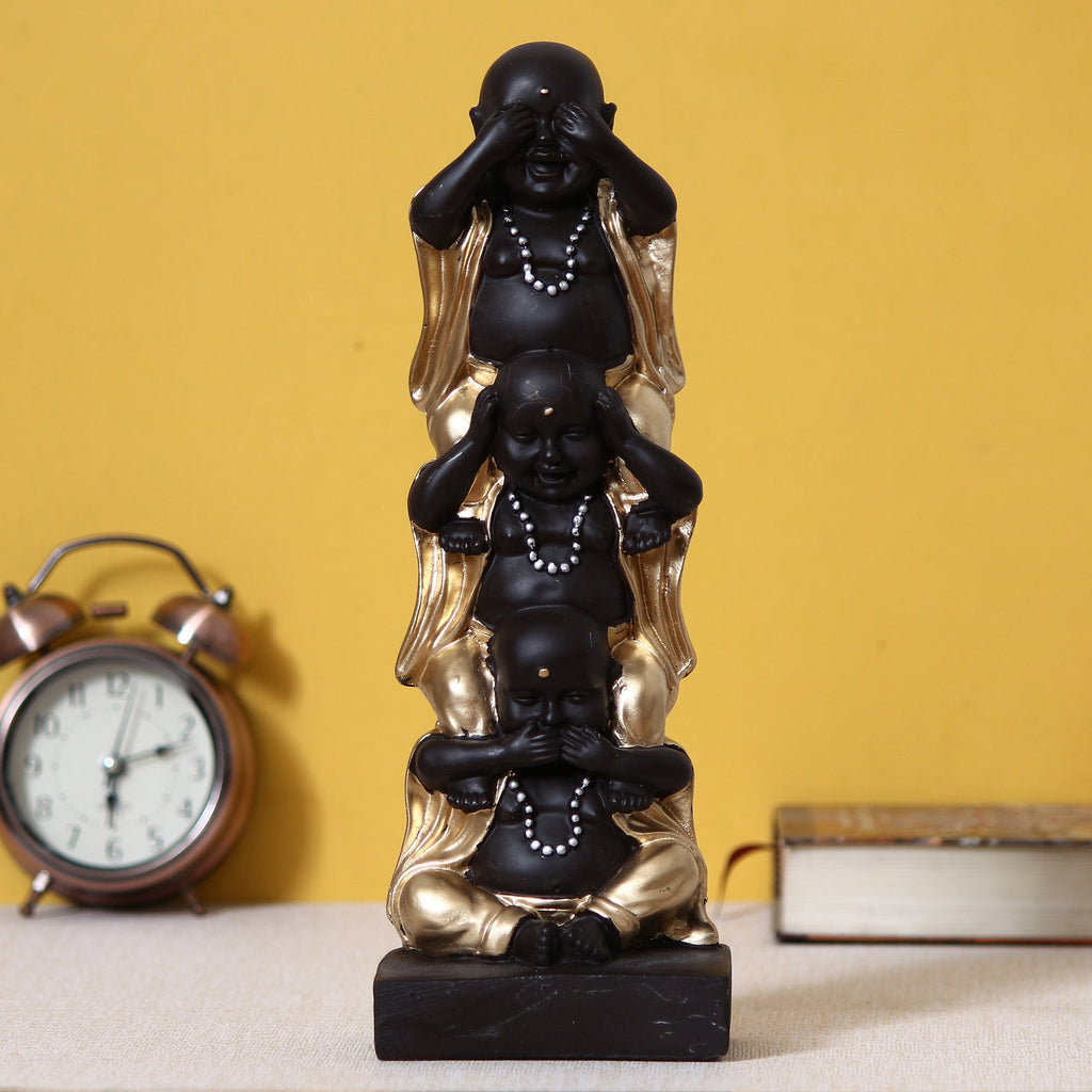 Polyresin Black and Golden Set of 3 Laughing Buddha Statue Standing on each other Decorative Showpiece Kafalo