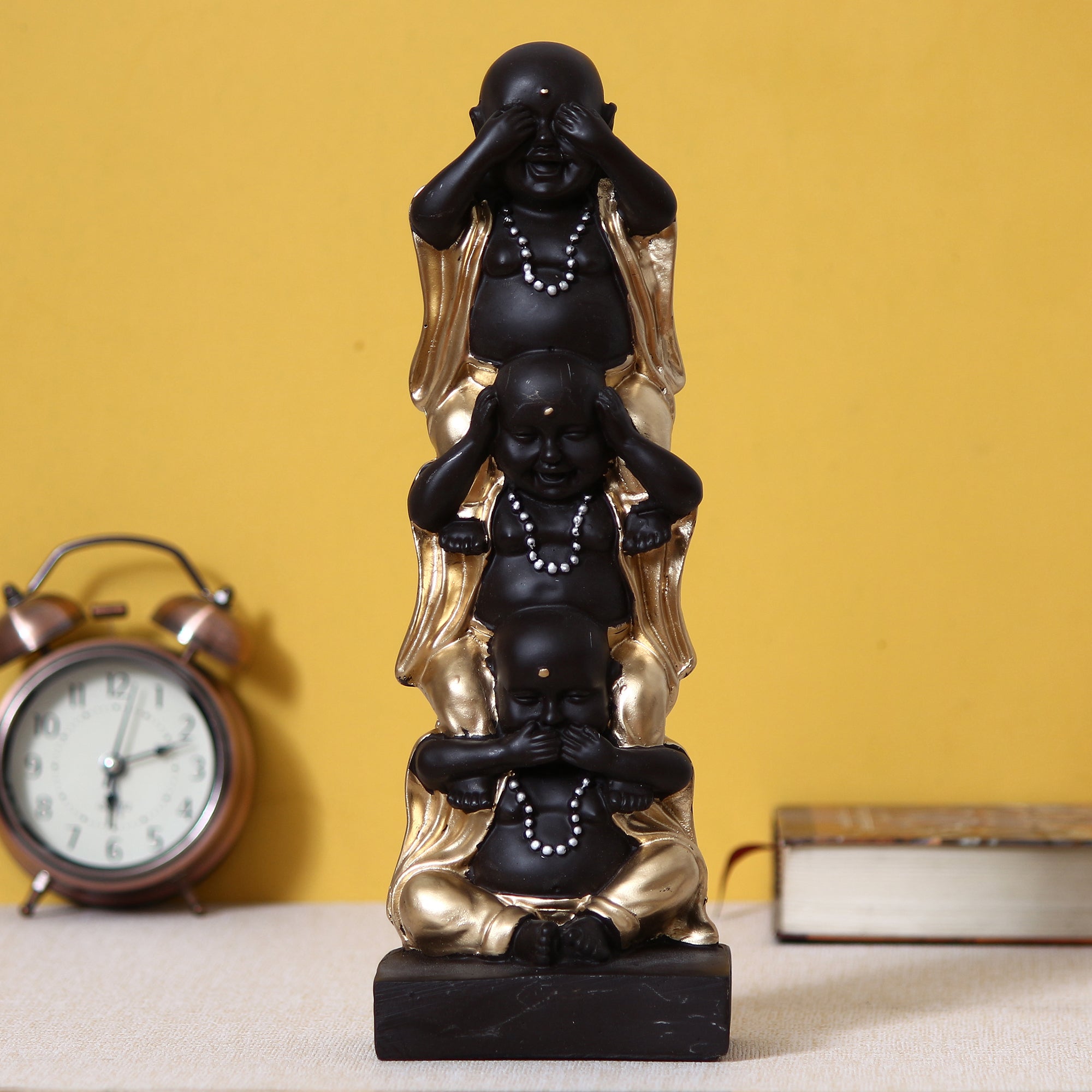 Polyresin Black and Golden Set of 3 Laughing Buddha Statue Standing on each other Decorative Showpiece Kafalo