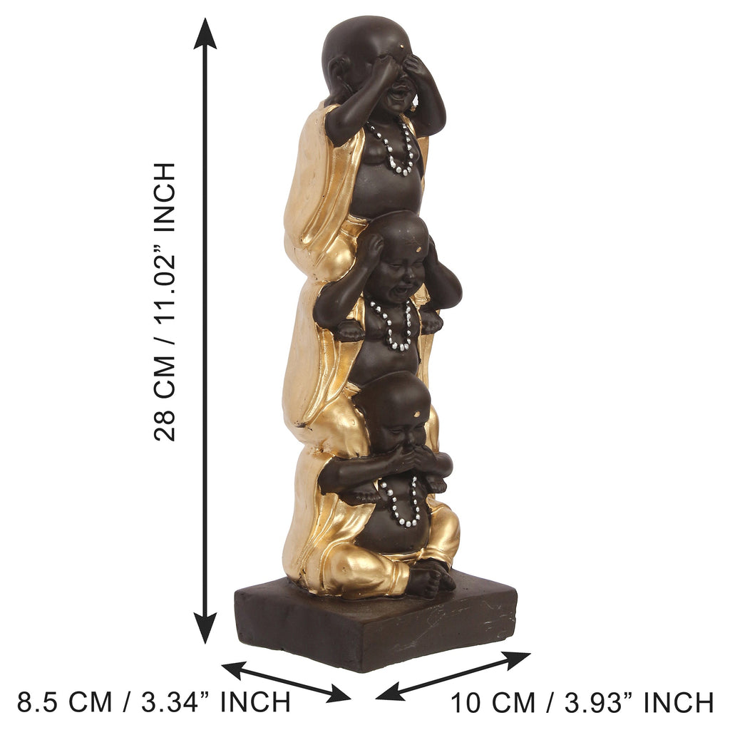 Polyresin Black and Golden Set of 3 Laughing Buddha Statue Standing on each other Decorative Showpiece Kafalo