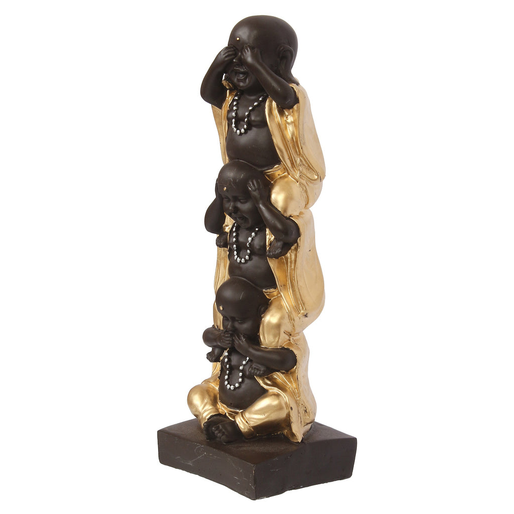 Polyresin Black and Golden Set of 3 Laughing Buddha Statue Standing on each other Decorative Showpiece Kafalo