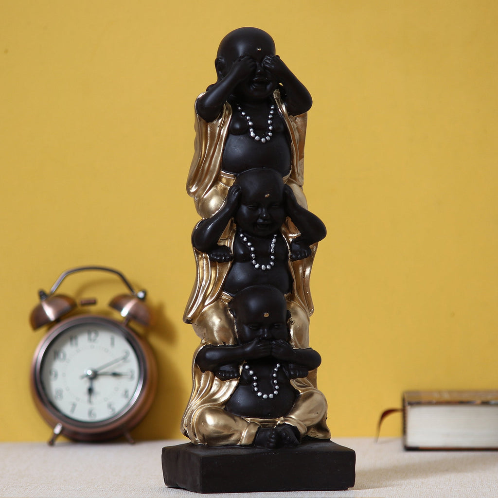 Polyresin Black and Golden Set of 3 Laughing Buddha Statue Standing on each other Decorative Showpiece Kafalo
