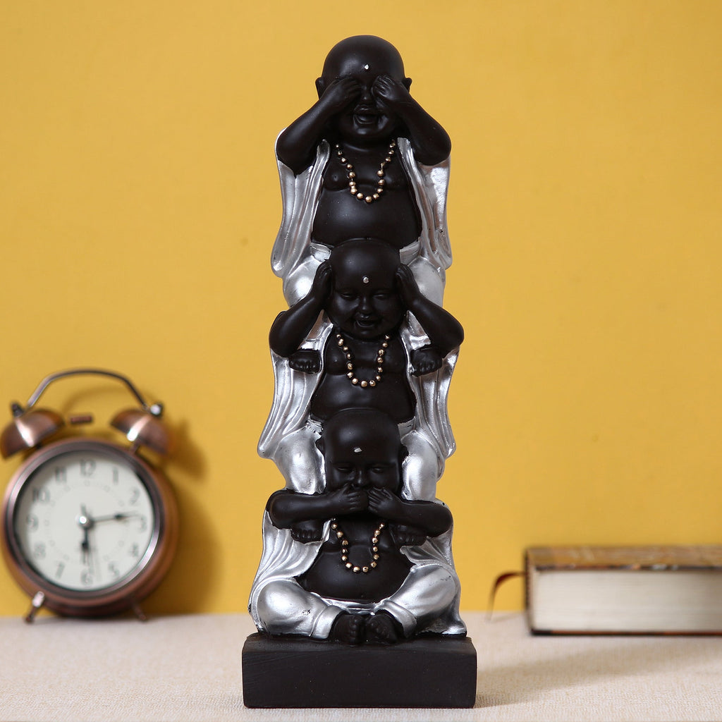 Polyresin Silver and Black Set of 3 Laughing Buddha Idol Standing on each other Decorative Showpiece Kafalo