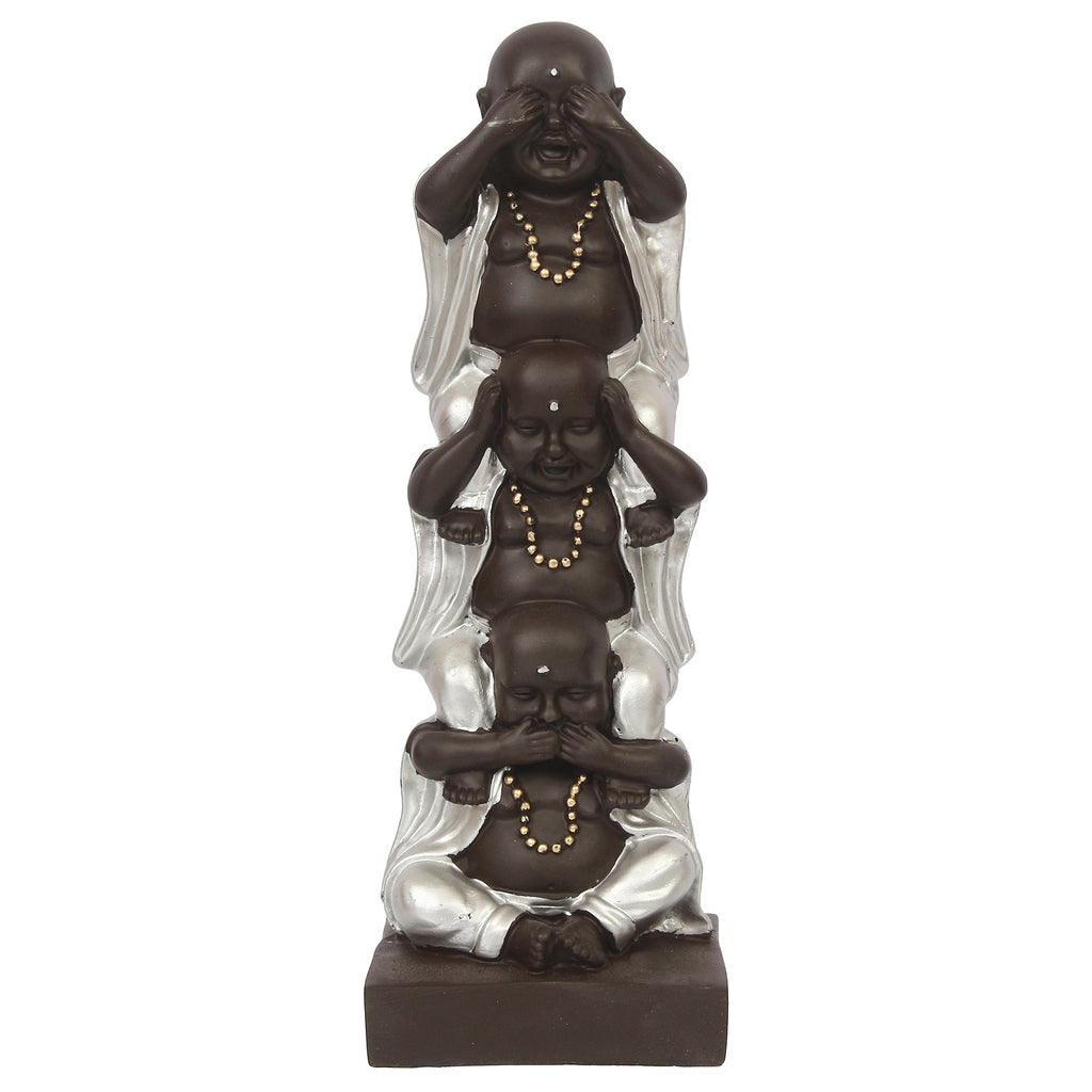 Polyresin Silver and Black Set of 3 Laughing Buddha Idol Standing on each other Decorative Showpiece Kafalo