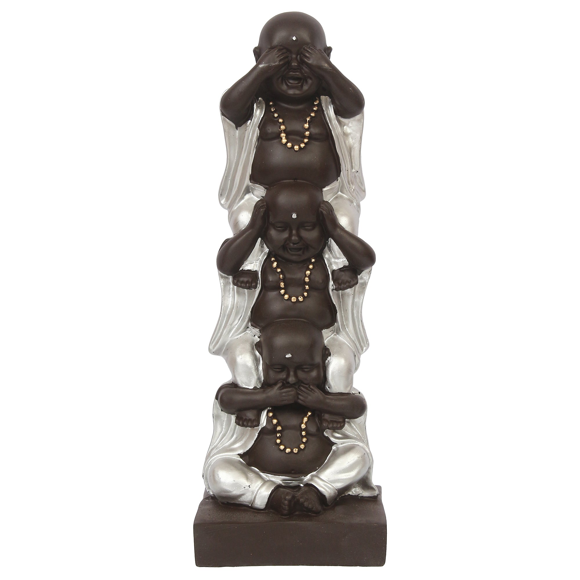 Polyresin Silver and Black Set of 3 Laughing Buddha Idol Standing on each other Decorative Showpiece Kafalo