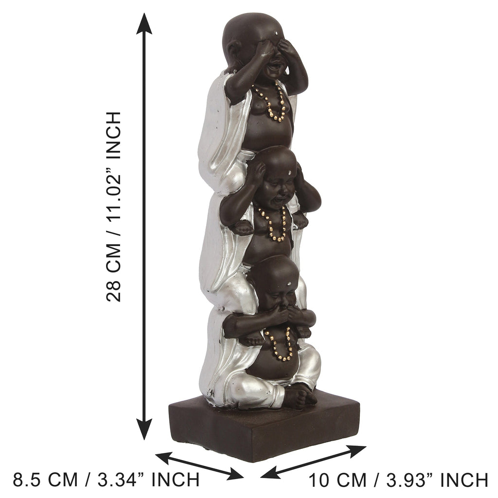 Polyresin Silver and Black Set of 3 Laughing Buddha Idol Standing on each other Decorative Showpiece Kafalo