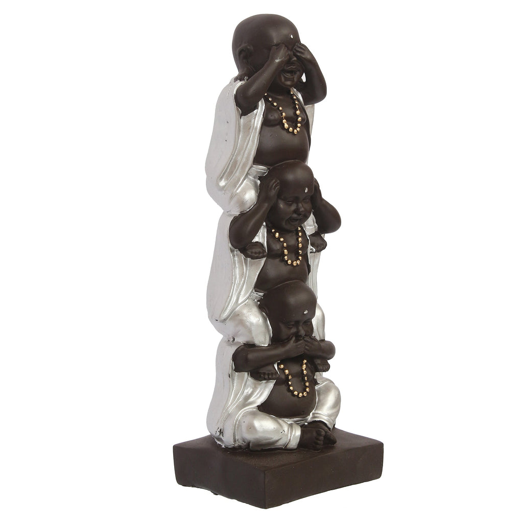 Polyresin Silver and Black Set of 3 Laughing Buddha Idol Standing on each other Decorative Showpiece Kafalo