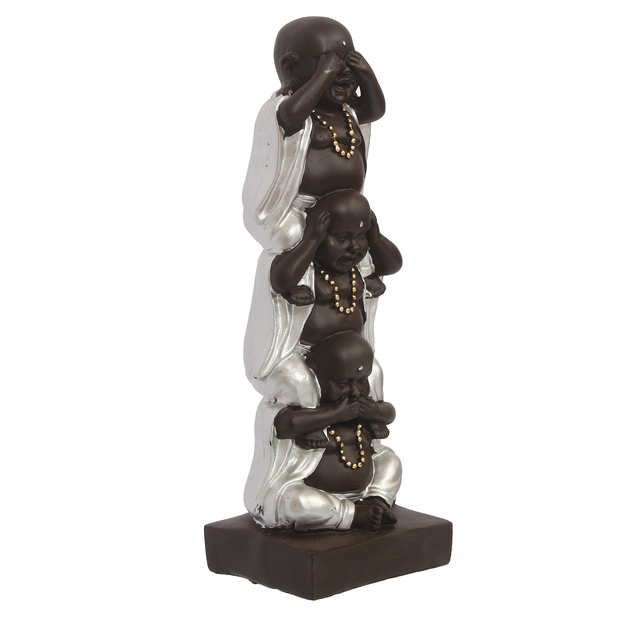 Polyresin Silver and Black Set of 3 Laughing Buddha Idol Standing on each other Decorative Showpiece Kafalo