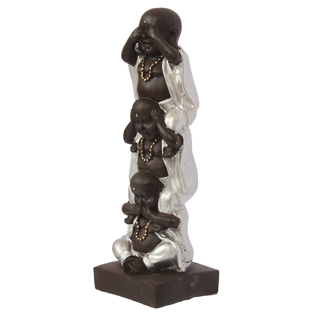 Polyresin Silver and Black Set of 3 Laughing Buddha Idol Standing on each other Decorative Showpiece Kafalo